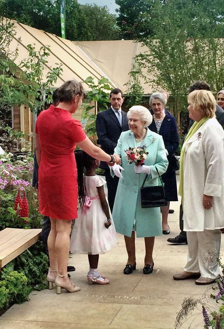 Garden designer Ann-Marie Powell introduced to Her Majesty The Queen at RHS Chelsea 2016 with Director General Sue Biggs.