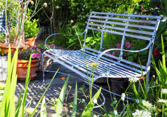 Blue wrought iron bench in small garden surrounded with terracotta pots - Cottage garden designed by Ann- Marie Powell, UK 2021